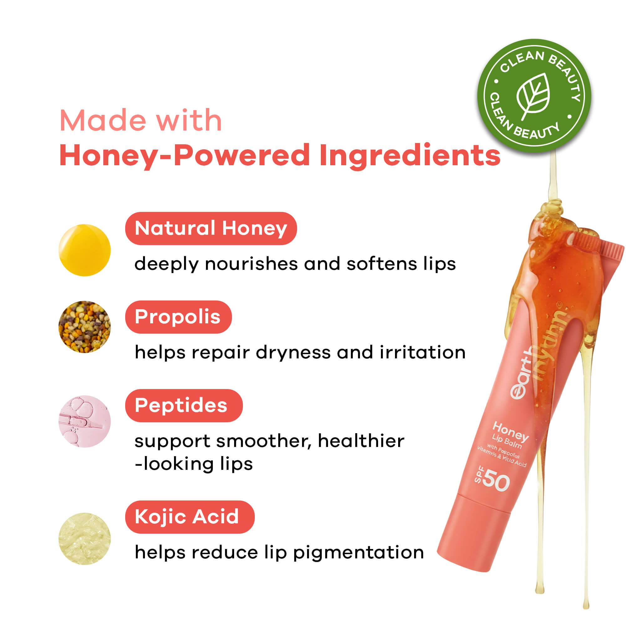 Honey Lip Balm SPF 50 Brightens Lips with Propolis,Peptides & Kojic Acid- 10 gm