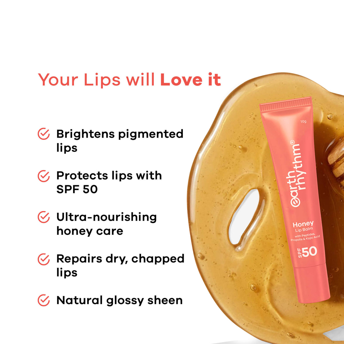 Honey Lip Balm SPF 50 Brightens Lips with Propolis,Peptides & Kojic Acid- 10 gm